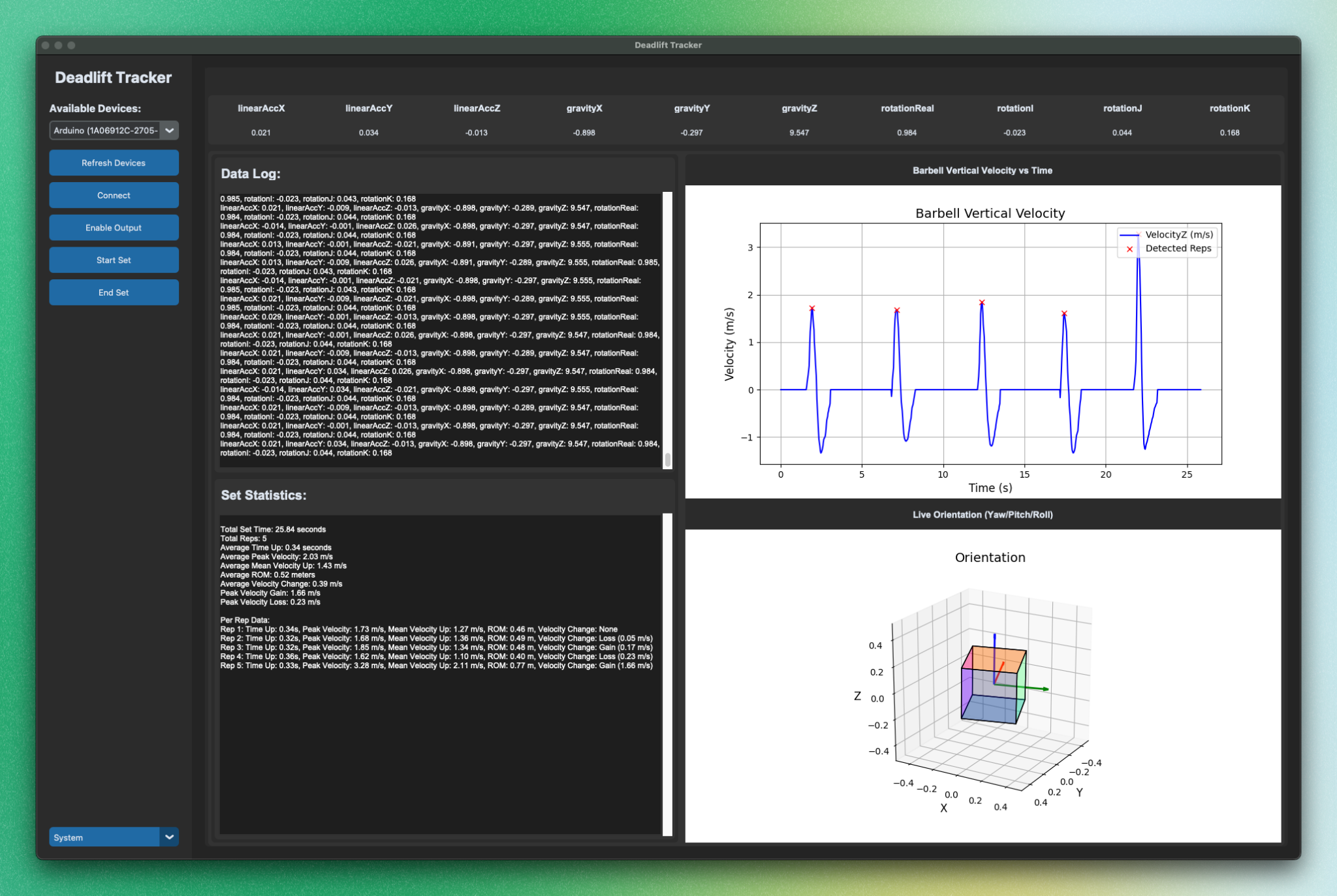 The BarSpeed desktop application showing a five-repetition set.