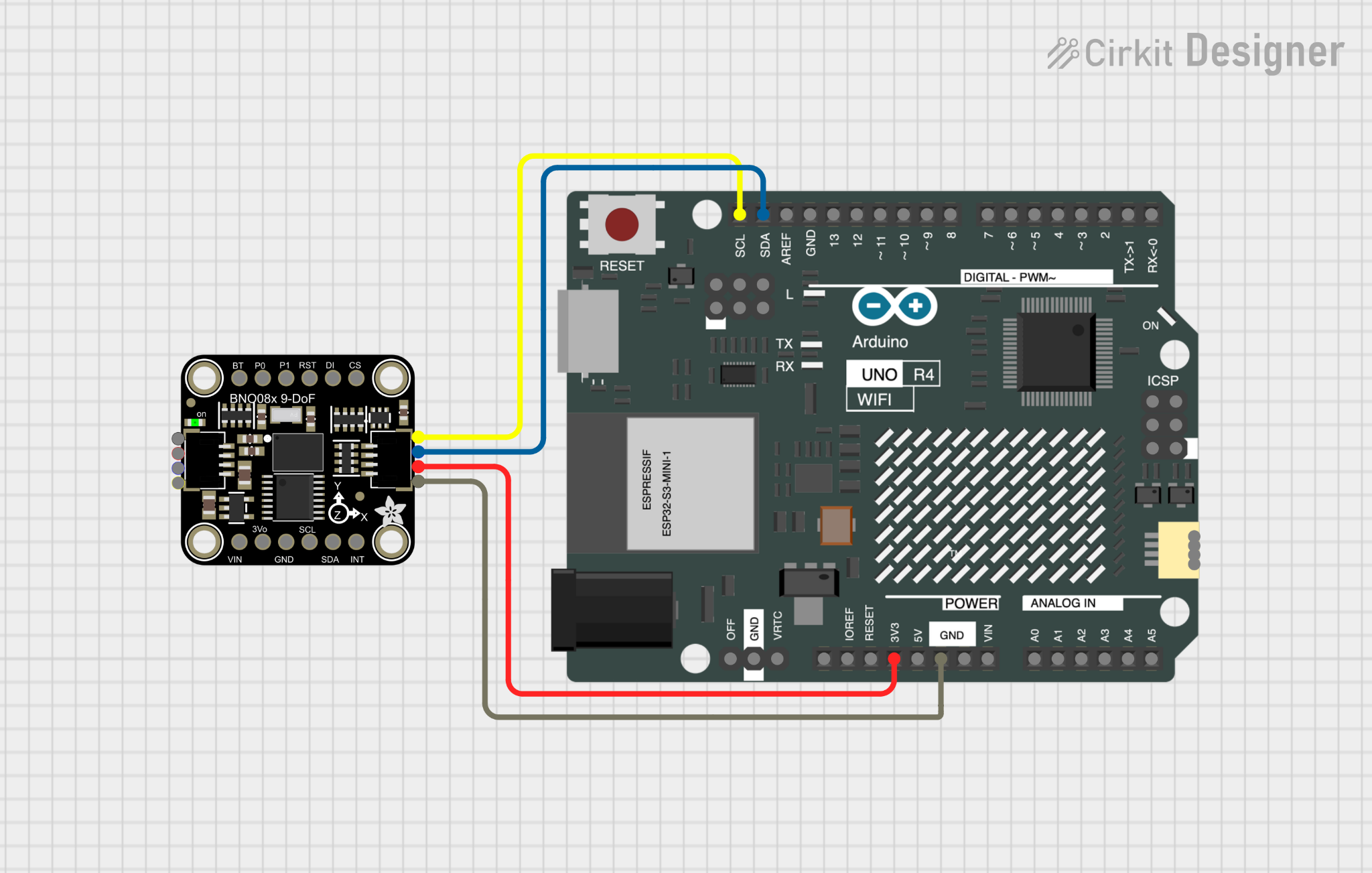 Wiring between the BNO085 IMU and Arduino Uno R4.