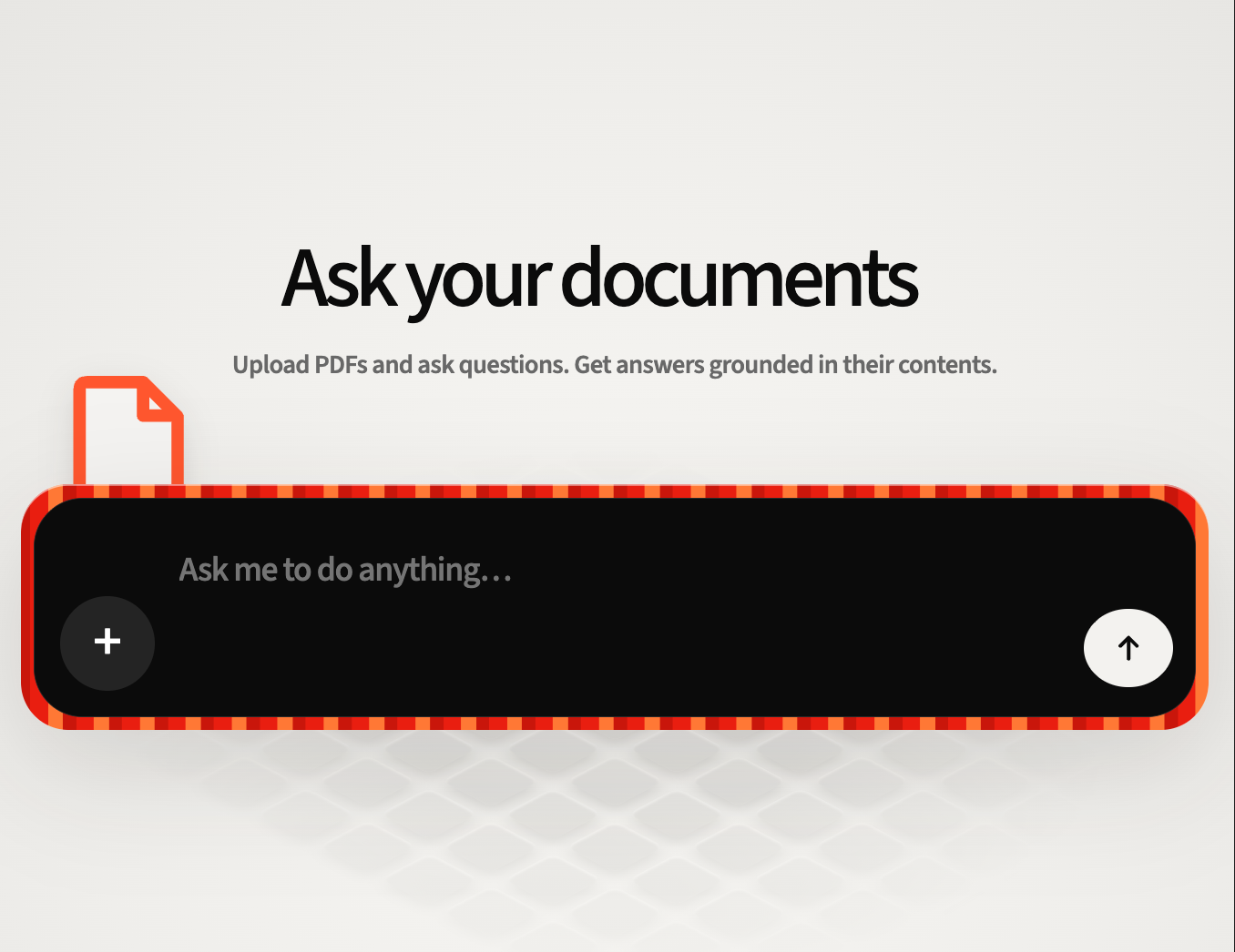 RAGging's starting page with a document upload control and question input.