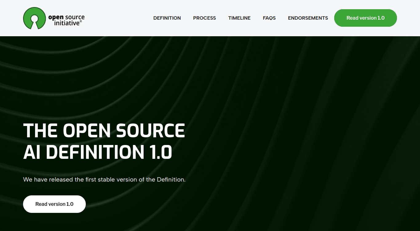 The Open Source Initiative's official Open Source AI Definition page, version 1.0.